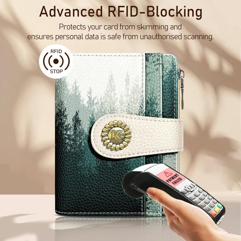 Kelvoris Forest Tree Small Rfid Women Wallet Bifold Zipper Coin Pocket PU Leather Compact Cash Credit Card Holder Travel Wallet for Female Ladies Teen Girls 1 ID Window 10 Card Slots - Image 3